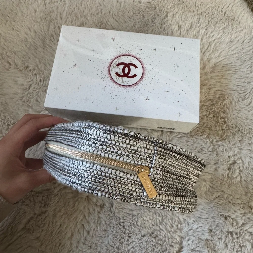 CHANEL 2022 Silver Gold Tweed Cosmetic Bag Pouch Holiday Limited Edition